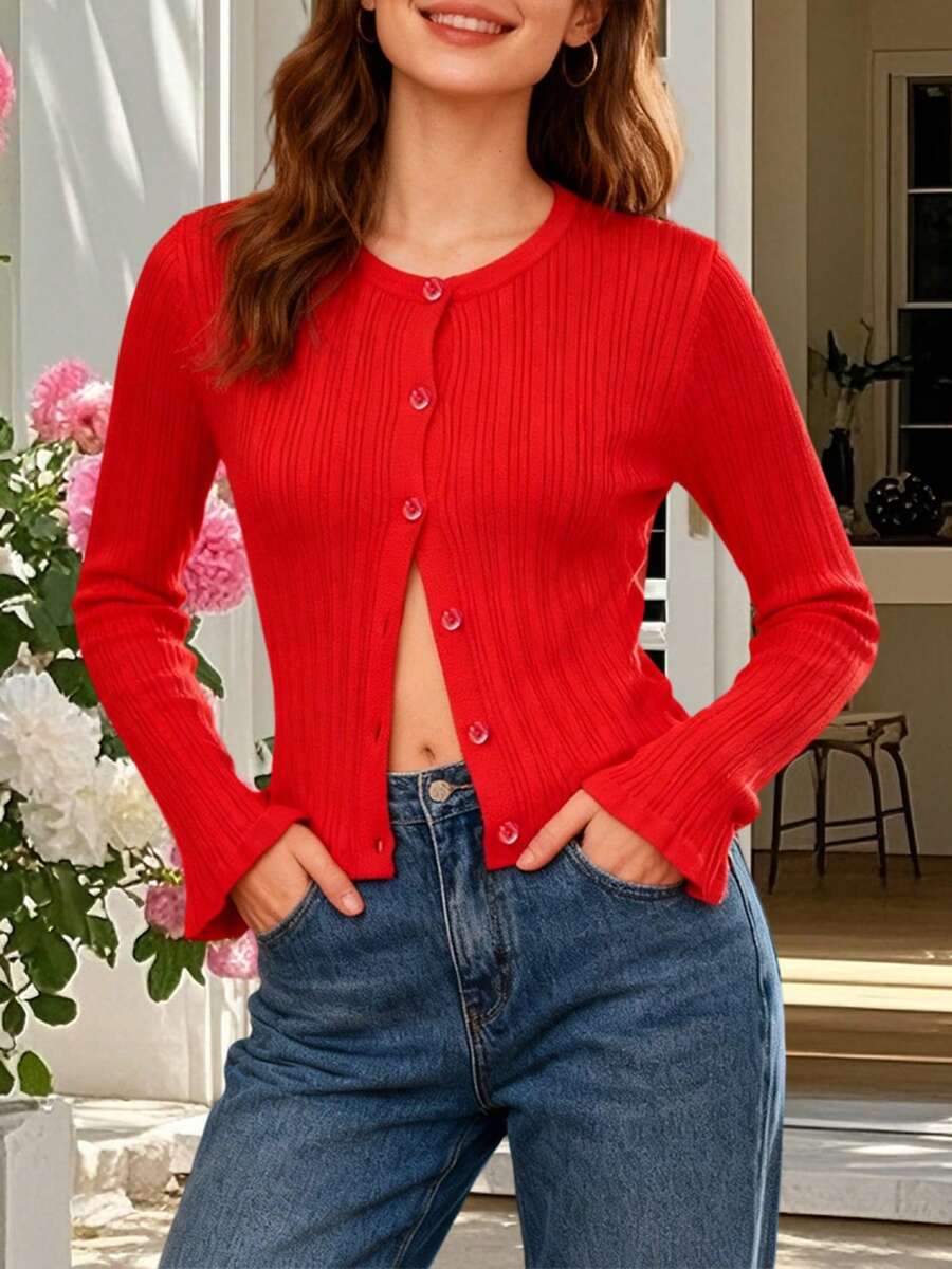 Women's Button Down Ribbed Cardigan Solid Color Long Sleeve Cropped Knit Jacket Streetwear - Red - View 1