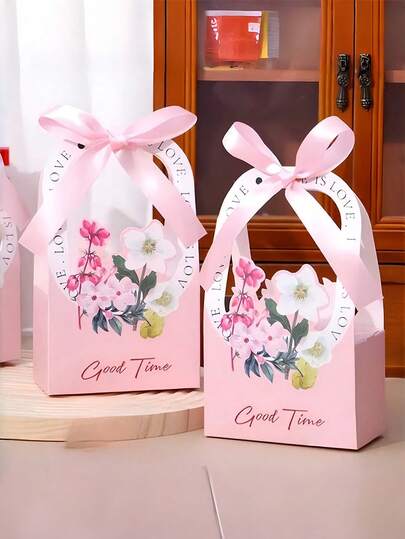 50/20/15/10/5/1 piezas Juego de cajas de regalo con estampado floral, decoración de boda, material de cartón blanco grueso, patrón floral, lazo de cinta, cajas de regalo con asa con forma de corazón, estilo dulce y fresco, fondo rosa, diseño floral de acuarela, asa hueca con forma de corazón, detalles de caja 3D, Día de la Madre, caja de regalo, regalo del Día de la Madre, suministros para fiesta de graduación, función dual de almacenamiento/exhibición de regalos