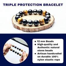 Triple Protection Bracelet-For Protection-Tiger Eye Stone-Hematite-Black Obsidian-Crystal Gemstone Bracelet-12mm Beaded Stretch Bracelet-Smallest,Small,Medium,Large Size-Bring Good Luck And Prosperity,SmallestSize - 最小尺寸 - 查看 5