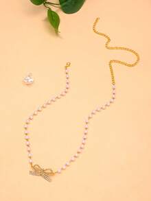 1件水晶蝴蝶吊坠项链，珍珠项链，颈链，新款中式婚礼首饰，女士情人节礼物 - 彩色 - 查看 5