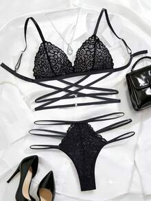2-Piece New Arrival Women's Sexy Lingerie Set Adjustable Straps, Triple-Row Hook-And-Eye Closure, Triangle Cup Bra & Sexy Thong Pure White Erotic Lace Strap Comfortable Homewear Underwear Set - Black - View 2