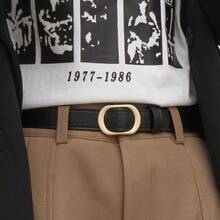 女士真皮腰带，简约无扣设计，百搭牛仔裤，时尚学生风 - 黑色 - 查看 5