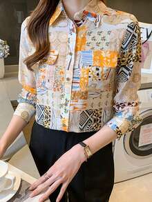 Women's Elegant Floral & Geometric Pattern Long Sleeve Casual Spring/Summer Shirt, Button-Down Collar & Front, Regular Fit, Suitable For Dates, Holidays, Parties, Travel, Airport - Coffee Brown - View 7