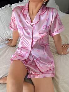 Dreamivo Conjunto de pijama para mujer con estampado de corazones rosas para el Día de San Valentín - Top de manga corta con cuello de botones y pantalones, ropa de dormir suave, lavable a máquina, se puede usar como ropa exterior - Rosa Fucsia - Ver 6