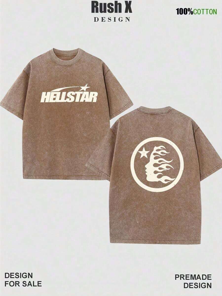 Yuega Tshrit 1pcMen's Pattern Washed T-Shirt - Double Sided Printing, 100% Cotton, Short Sleeved, Summer Casual T-Shirt, Black With White Star Design, Loose Fit, Machine Washable, Daily T-Shirt| Loose Fit Shirt| 100% Cotton T-Shirt, Cotton T-ShirtSummer Clothing Tops - 咖啡色 - 查看 1