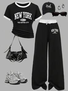 Tween Girls' Letter Print Short Sleeve Top And Pants Set - Black - View 1