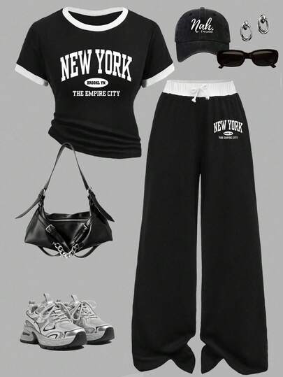 Tween Girls' Letter Print Short Sleeve Top And Pants Set