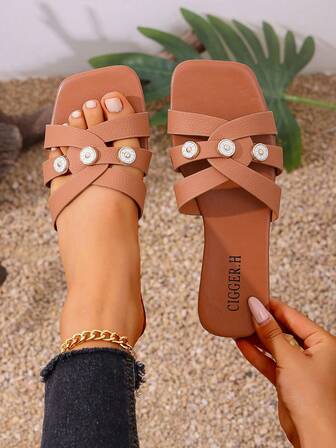 Women's Fashion Flat Open Toe Slides, Versatile Solid Color Crossover Beach Sandals, Spring/Summer New Arrival
