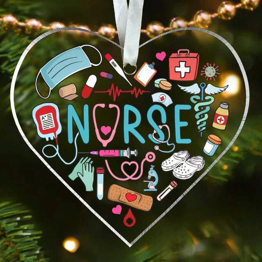 1 pièce Ornement de Noël en acrylique 2D infirmière, décoration motif médical infirmière, pendentif en acrylique transparent en forme de cœur, cadeau de Noël pour les infirmières, cadeau de fête pour les amis et les enfants - Transparent - Voir 1