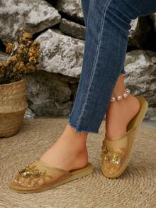 Dép lê nữ thêu chỉ vàng, dép bệt hở gót thêu họa tiết, kiểu dáng thanh lịch thường ngày, dép lê đế bằng thoáng khí thoải mái thời trang, phù hợp cho trang phục mùa xuân hè. - Vàng - Xem 2
