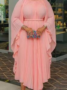 Vestido largo plisado de color rosa en talla grande con cuello de barco, mangas de murciélago, material de gasa y bajo asimétrico, ideal para cualquier fiesta - Rosa - Ver 6