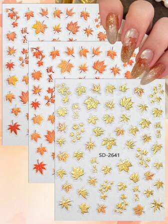 3/6pcs 5D Autumn Leaf Nail Art Stickers, Gold Foil Maple Leaf Nail Decals For Gel & Acrylic Nails, Autumn Season