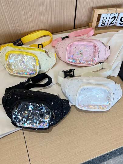 1pc Girl Star Print + Sequin Decor PVC Transparent Dual-Use Chest/Waist Bag, Zipper Closure, Sweet & Cool Starry Sequin Multifunctional Bag, Suitable For Outings & Dates, Spring/Autumn
