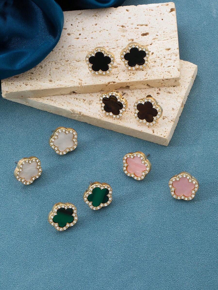 5 Pairs Fashionable, Elegant, Sweet Clover Flower Stud Earrings With Rhinestones, Suitable For Women - Multicolor - View 1