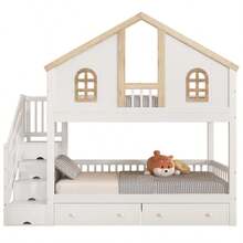 Bunk Bed, Children's Bed, With Contrasting Safety Rail, With Window, Two Drawers With Casters, Stairs With 4 Storage Compartments, Pine+MDF, White+Natural, 90x200cm - White - View 1