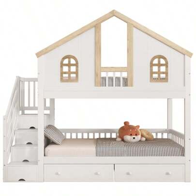 Bunk Bed, Children's Bed, With Contrasting Safety Rail, With Window, Two Drawers With Casters, Stairs With 4 Storage Compartments, Pine+MDF, White+Natural, 90x200cm