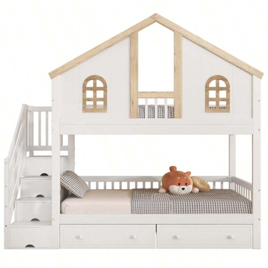 Bunk Bed, Children's Bed, With Contrasting Safety Rail, With Window, Two Drawers With Casters, Stairs With 4 Storage Compartments, Pine+MDF, White+Natural, 90x200cm - White - View 1