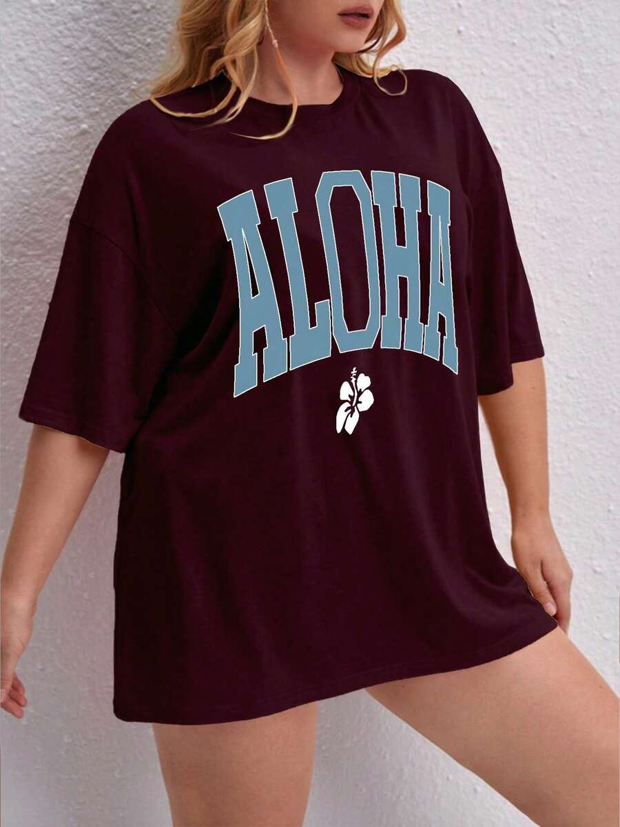 Oversized Printed Aloha Flower T-Shirt, Summer/Spring Short Sleeve Blouse, Lightweight Gym Wear - Burdeos - Ver 1
