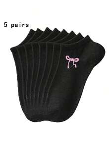 5Pairs Unisex Comfortable Versatile Solid Color Black/White/Gray Bowknot Ankle Socks - Multicolor - View 1