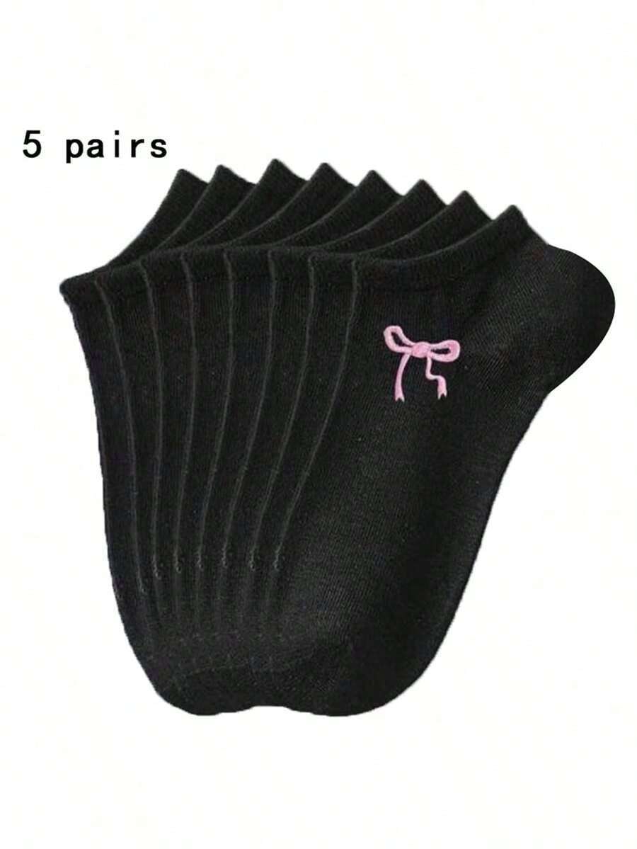 5Pairs Unisex Comfortable Versatile Solid Color Black/White/Gray Bowknot Ankle Socks - Multicolor - View 1