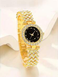 Set de 6 piezas: Reloj de pulsera de mujer con esfera de tierra y diamantes completos, estilo inglés, talla grande juego de joyería: collar de cristal, pulsera, aretes, anillo (sin caja) - Dorado - Ver 2