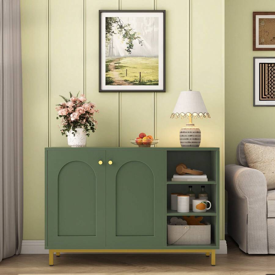 HaluPeit Meuble de Salle de Bain, Meuble de Rangement, Armoire Salle de Bain, Placard Rangement avec 2 Portes, Compartiment Ouvert, Meuble Bas Rangement, Salle de Bains, Le Salon, Vert Forêt - Vert - Voir 1