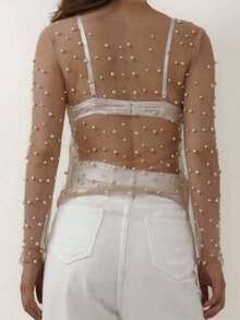 Women's Elegant Sheer Mesh Fabric Crop Top With Faux Pearl Detail And Long Sleeves For Going Out - 米色 - 查看 2