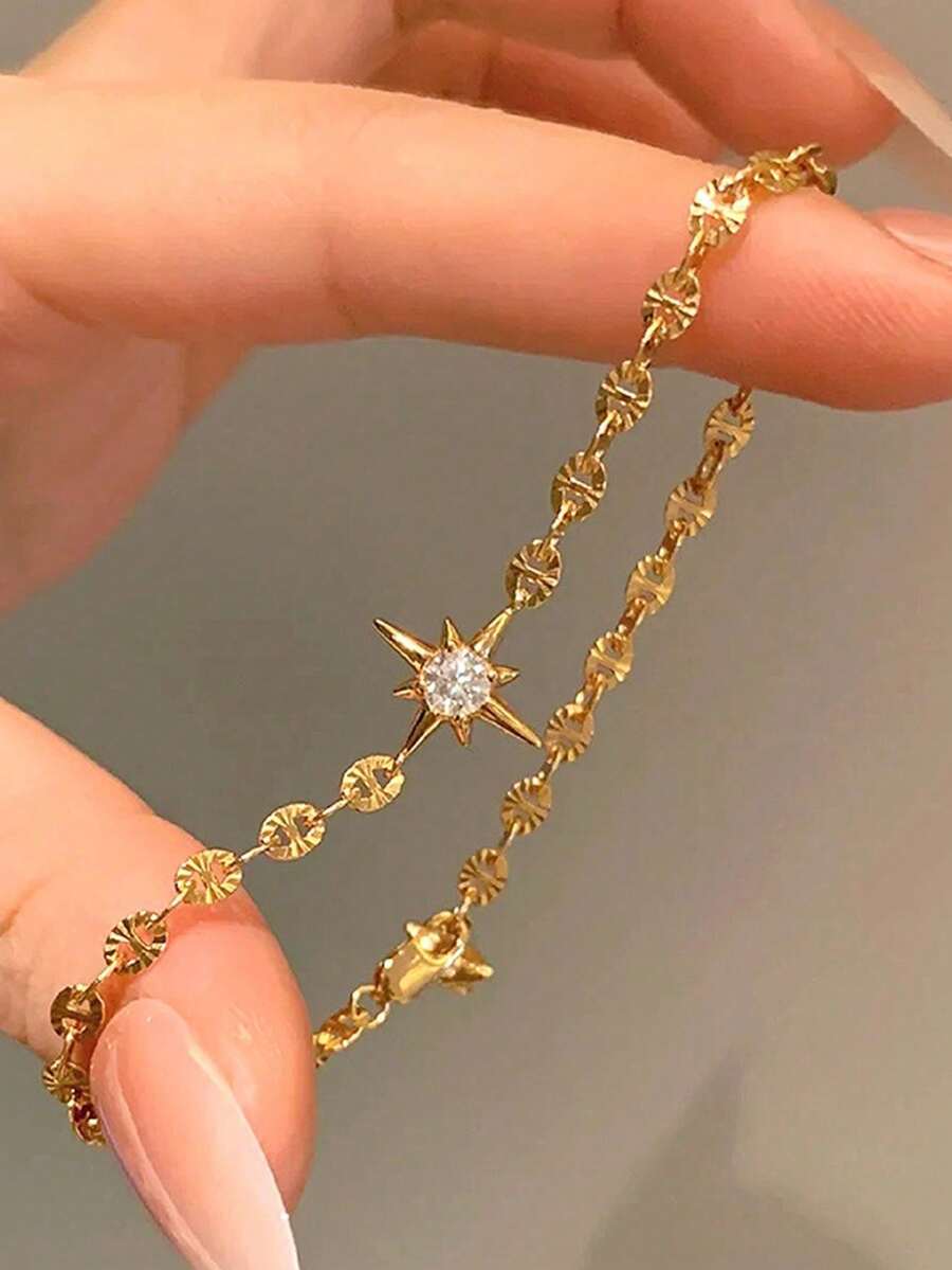 1pc Stainless Steel Sparkling Star Bracelet For Women, Shiny Comet Meteor Pentagram Lucky Star Jewelry - Gold - View 1