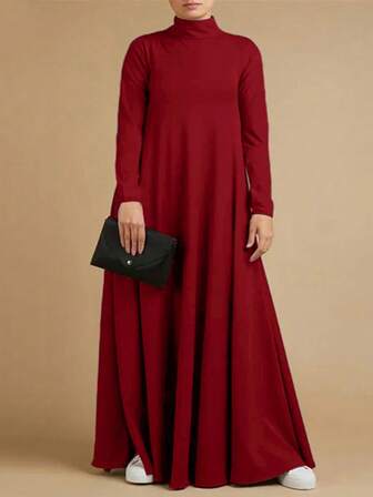 Women's Long-Sleeved Turtleneck Dress Solid Color Casual Swing Dress T-Shirt Dress (With Pockets)