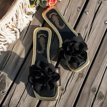 Sandálias Planas com Bico Quadrado e Borda Dourada Brilhante | Decoração com Fivela Floral 3D, Chinelos de Casamento na Praia Boêmio, Essencial para Férias de Verão, Sandálias Casuais de Moda Feminina