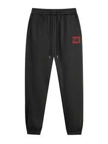Men's Casual Number 23 Print Kangaroo Pocket Drawstring Hoodie And Pants Set, Autumn/Winter - Black - View 4