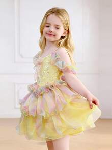 E.DANCE Girls Dresses,Girls Sequin Cute Tutu Princess Dress For Birthday Party For Children Stage Performance, - Màu vàng - Xem 5