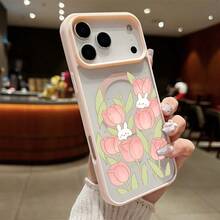 High-Quality Macaron Acrylic Magnetic Phone Case,Magical Pink Tulips with Adorable White Rabbits Magnetic Charging Phonecase Handy Case, Handy Cover For  11 12 13 14 15 16 17 17 Air 17 Pro 17 Pro Max Shock Resistant Protective Case - Gris - Ver 7
