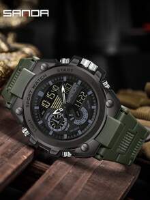 SANDA 3302 Men's LED Digital Quartz Watch, Waterproof Outdoor Sports Multifunction Dual Display Electronic Watch - Army Green - View 6