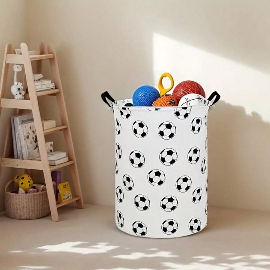 1 pieza Cesta de almacenamiento grande con estampado de fútbol, Cesta de lavandería/Baño/Decoración del hogar/Caja de almacenamiento circular plegable, Cestas/Cajas/Ropa, Cestas de lavandería