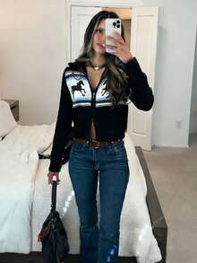 Joy 针织女式毛衣，秋冬新款时尚单品 - 基础款上衣 - 简约休闲百搭 - 动物图案马匹提花立领半拉链针织开衫外套 - 适合女性办公室穿着 - 外出上衣 - 派对 - 新年 - 圣诞节 - 休闲黑色 - 黑色 - 查看 4