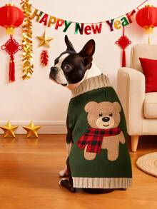 1pc Pet Cat & Dog Stretchy Soft Teddy Bear Embroidery Sweater Knitted Shirt For Fall And Winter Season - Army Green - View 3