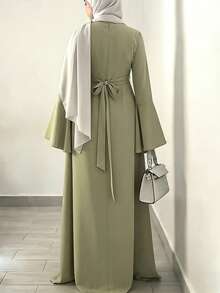 Dignified And Elegant Women's Dress, Olive Green Long Sleeve Loose Long Dress, Casual Daily Wear Spring - Lime Green - View 2