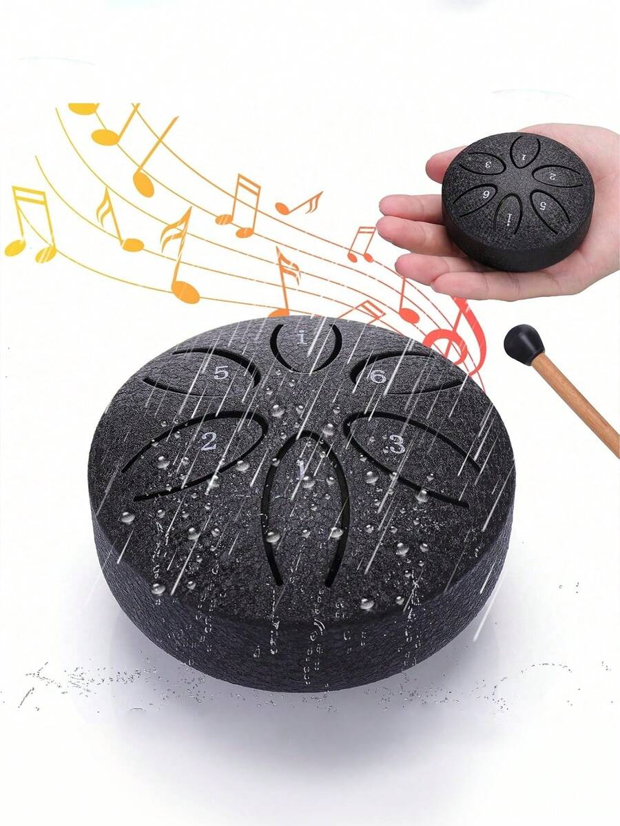 3英寸迷你钢舌鼓，6音，户外花园雨铃，钢鼓，花园雨铃，迷你手鼓，乐器，空心迷你鼓，钢弹簧鼓，碳钢手鼓，雨铃，打击乐器 - 彩色 - 查看 1