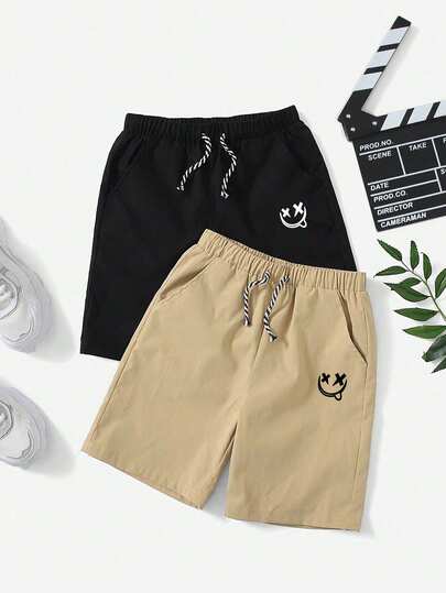 2pcs/Set Toddler Cartoon Pattern Cinched Waist Shorts, Suitable For Home, School, Campus, University