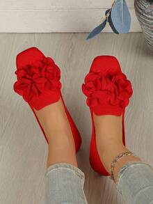 女士红色休闲套脚鞋，饰有花朵图案，时尚度假风方头鞋 - 紅色 - 查看 5