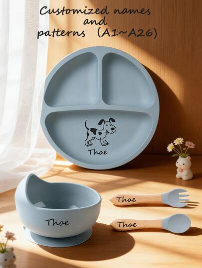 4pcs Kids Silicone Tableware Set, Infant Feeding Tools, Plate, Bowl, Fork & Spoon, Customized With Name & Pattern, Great Gift For Children's Day, Thanksgiving, New Year,Cutlery Set
