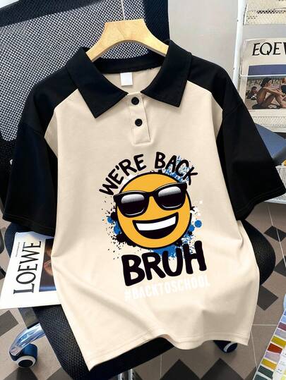 Teenage Boys' Short Sleeve Polo Shirt, Black And Apricot Color Block Raglan Sleeve Design, Graphic Print, Button Detail, Breathable Casual Wear For Spring & Summer