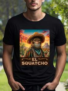 Camiseta gráfica EL Squatcho para hombres - Camiseta de algodón ultra-suave y transpirable que absorbe la humedad con diseño de cactus y atardecer vibrante en el desierto. Ajuste cómodo, cuello redondo, ropa casual de verano para la calle. Regalo de cumpleaños y Navidad. Calidad de impresión duradera. Estilo callejero. Diseño de moda. Material ligero. Camisa estampada. Ropa para adultos - Negro - Ver 1