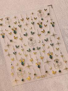 1 buc fluture verde fermecător cu folie aurie insecte fluturânde, stele și lună autocolante 5D pentru unghii mistice grădină cerească autoadezive artă pentru manichiură inspirată din natură pentru femei decorare