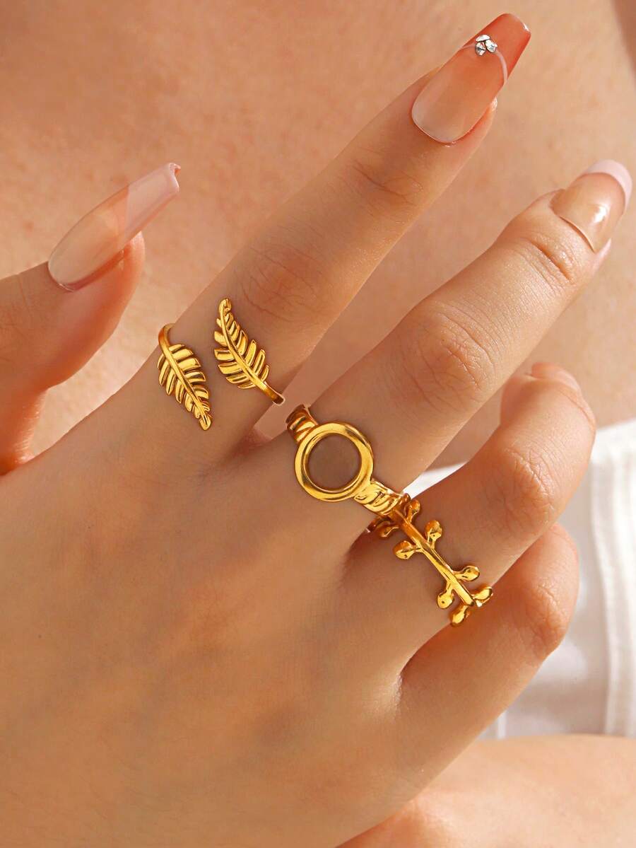3pcs/Set Stainless Steel Minimalist 18K Gold Plated Leaf Design Jewelry Set, Suitable For Women Everyday Wear & Party - Multicolor - View 1