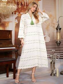2026 New Style Ramadan Traditional Elegant Embroidered Butterfly Abaya Dress, Green Tassel V-Neck Eid - White - View 7