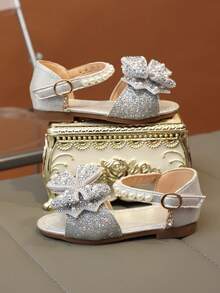 A Pair Of Girls' Cute Flat Shoes With Colorful Crystal Faux Pearls, Bow Ties, And Gretel Material, Suitable For Summer.,Kids Shoes,Girls Shoes - Silver - View 7