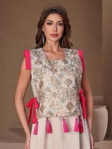 ASBB 重工串珠彩色刺繡阿拉伯女式 JALABIYA 無袖優雅洋裝，附流蘇飾邊，2026 女款派對休閒套裝，沙烏地阿拉伯國慶穿搭 - 杏色 - 查看 3