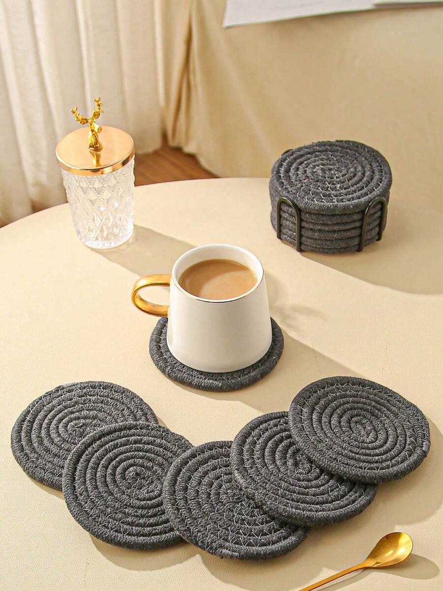 8 件套杯垫套装，带收纳架，简约编织桌面杯垫，耐热厨房餐桌杯垫，加厚隔热垫，4 色吸水杯垫套装，家居装饰桌面保护垫，适用于各种杯子，4.3 英寸 - 黑色 - 查看 1